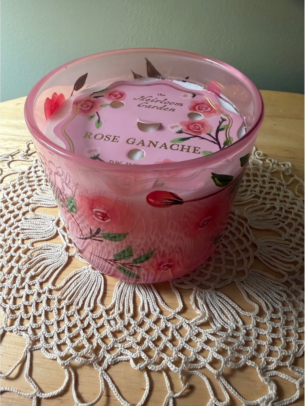 DW Home Rose Ganache Scented Candle in Pink Floral Glass Jar